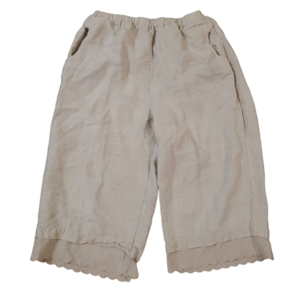 For Cynthia‎ Women's Beige Cropped Linen Pants Lace Detail Petite XL